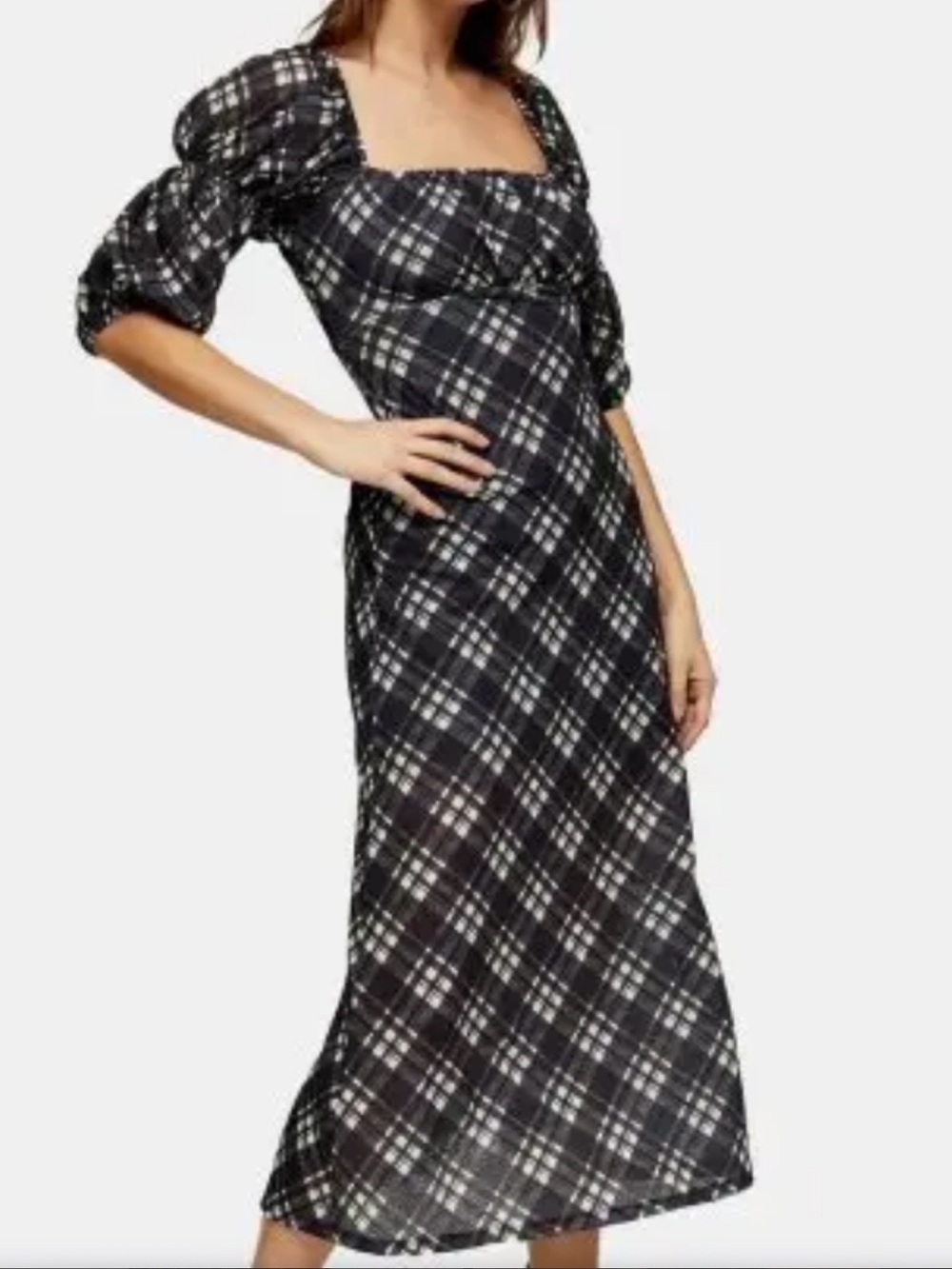 NWT Topshop Check Square Neck Puff Sleeve Midi Dress Women’s Size 6